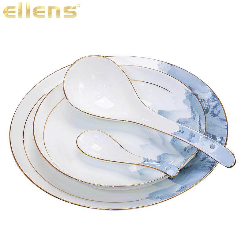 景德镇陶瓷餐具碗碟套装礼品加印LOGO新中式高端骨瓷碗盘组合批发