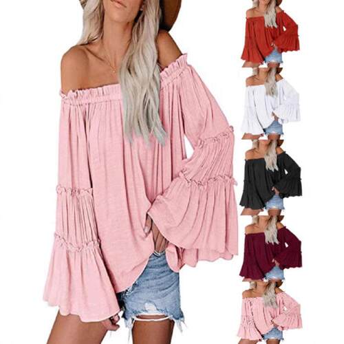 Womens Wide Sleeve Boat Neck Women Loose Blouse Tops F