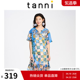 tanni春夏女装印花圆领，舒适高腰雪纺，连衣裙tj11dr105a