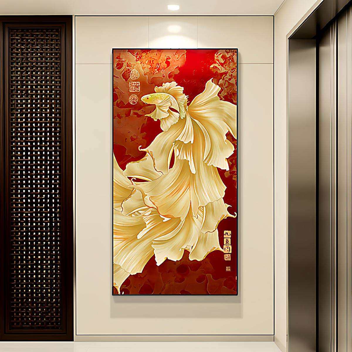 九鱼图入户正对门玄关装饰画壁画灯新中式客厅走廊过道挂画寓意好
