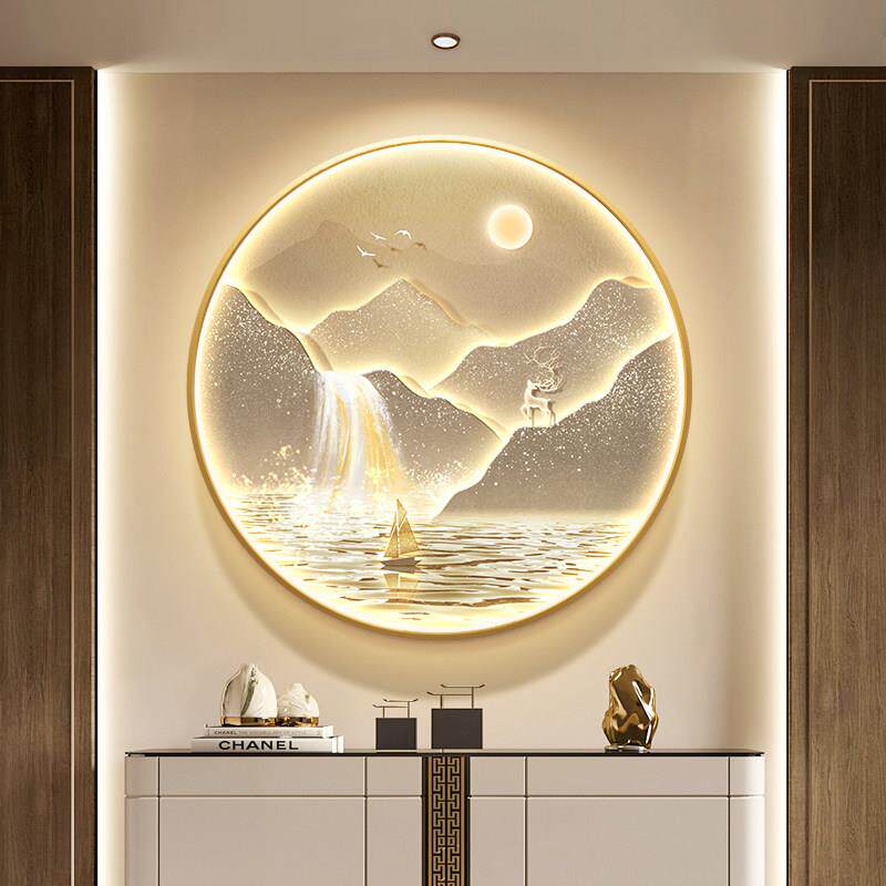 轻奢入户门玄关装饰画流水生财山水画圆形挂画走廊过道壁画高级感
