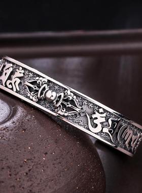 正品S925银复古手工潮银金刚杵个开六字真言性小众人男士口手镯子