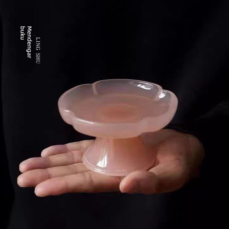玉璃果冻花边高脚点心盘中式粉色茶点盘首饰托盘碟子干泡壶承