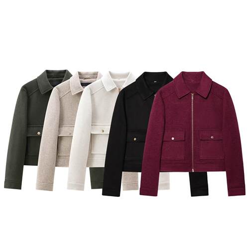 Women's autumn zipper decoration lapel long sleeved jacket