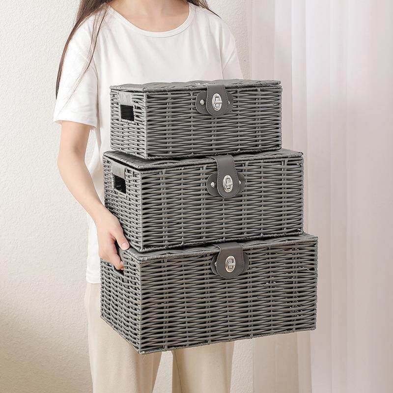 家用藤编桌面收纳盒收纳筐带盖收纳箱收纳整理篮筐户