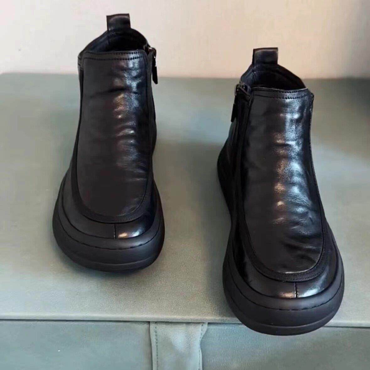 英伦风牛皮高帮男士休闲板鞋2025秋冬季新款黑色透气韩版休闲皮鞋