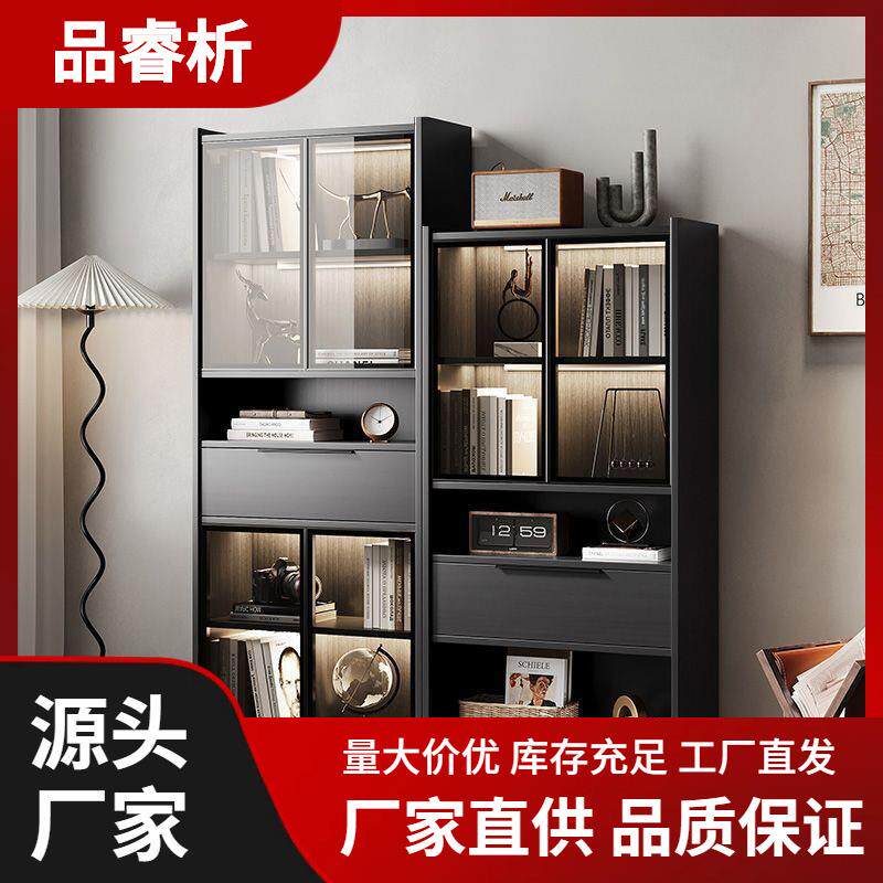客厅书柜带玻璃门储物柜一体家用组合柜楼梯间收纳柜简约落地轻奢