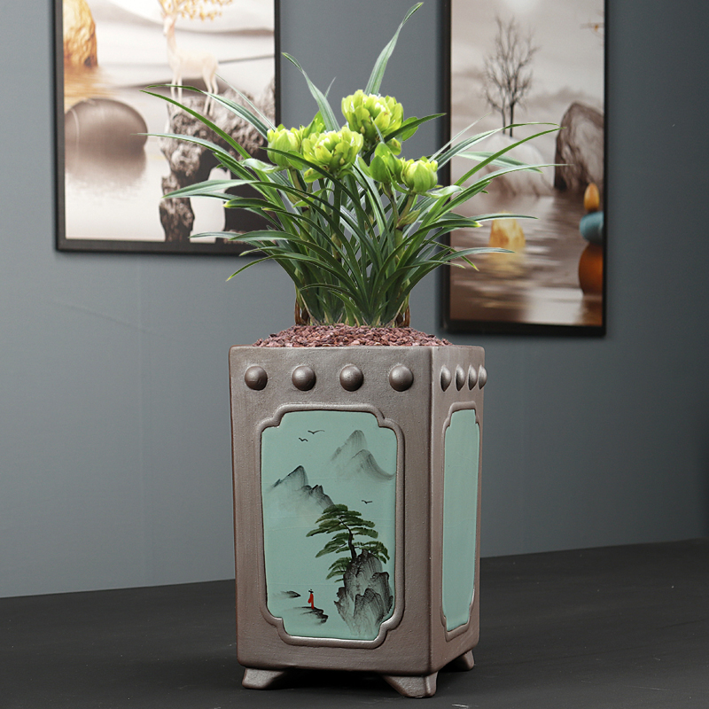 特大号手绘兰花盆惠兰墨兰紫砂陶瓷发财树悬崖桩四方签筒盆景盆