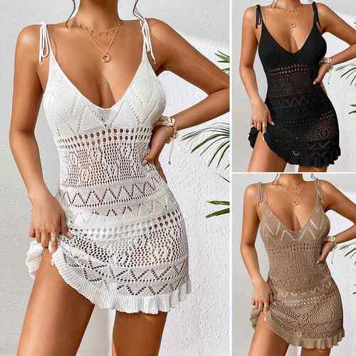Tie Up Knit Short Dress, Beach Style Hollow Out Bikini