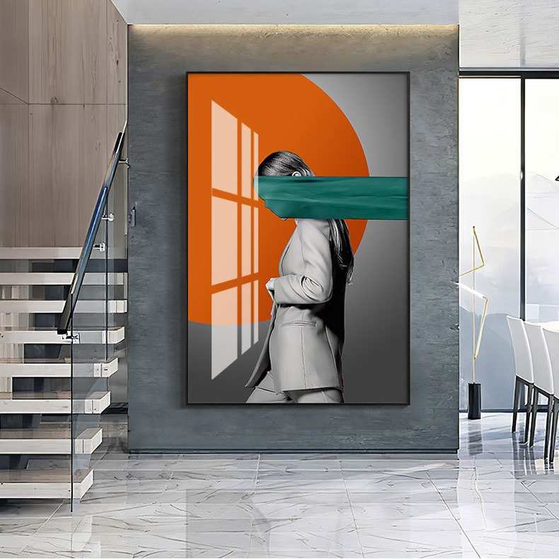 黑白橙后现代轻奢客厅装饰画时尚抽象玄关画橙橘色人物沙发背景墙图片