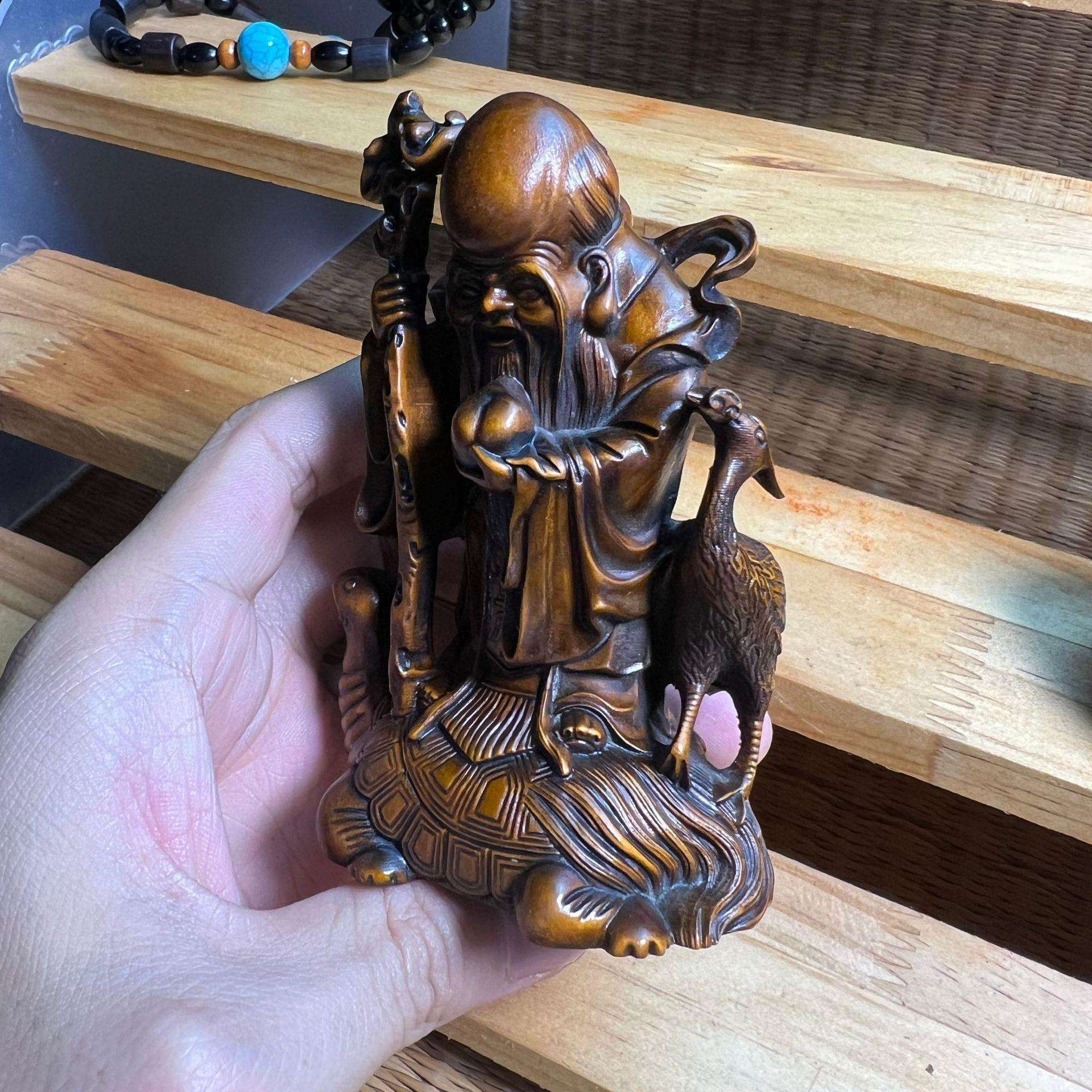 旧藏小叶黄杨木雕刻骑龟寿星工艺品仙鹤摆件家居书房桌面装饰品
