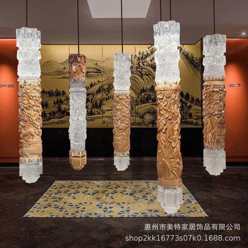 新中式透明树脂木雕圆柱透明灯饰酒店民宿大堂空中悬挂艺术吊饰