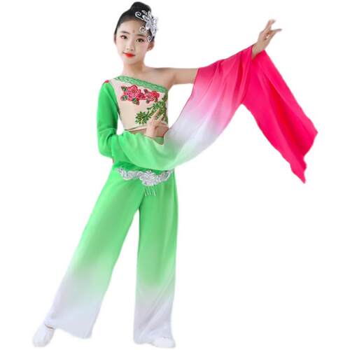 正品新款童水袖舞蹈服装女单肩儿风长袖古典民族吟春雨表演出舞且