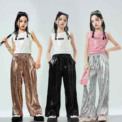 儿童街舞演出服女童爵士舞hiphop服装女团亮片走秀潮装女孩炸街夏