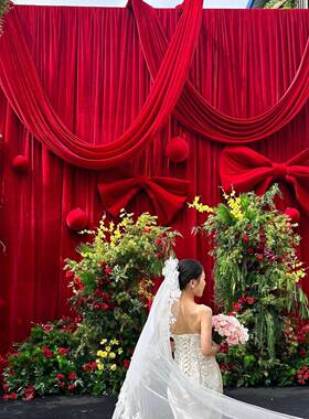 婚庆布幔酒红色金丝绒纱幔婚礼舞台背景遮光幕布黑色帷幔场景布置