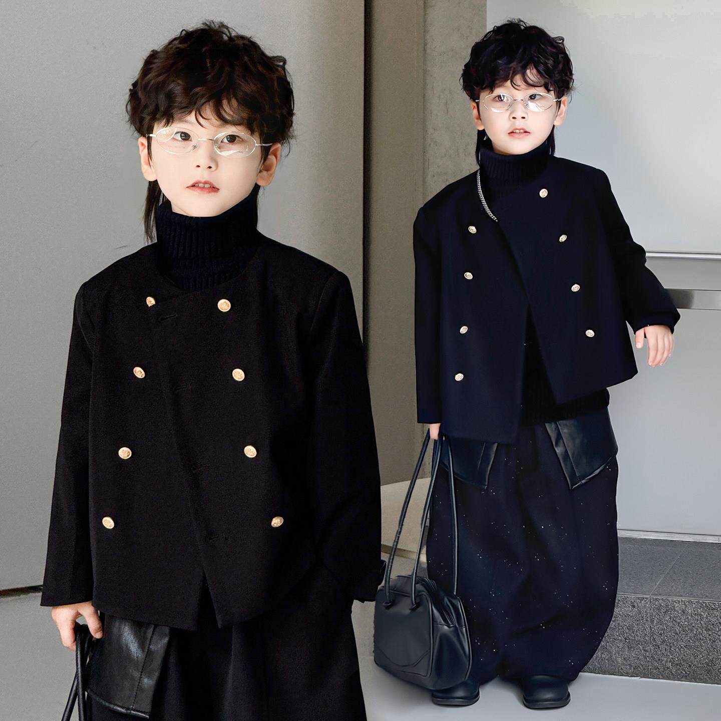 儿童西装套装男童小西装生日礼服秋冬加绒西服外套痞帅男孩演出服