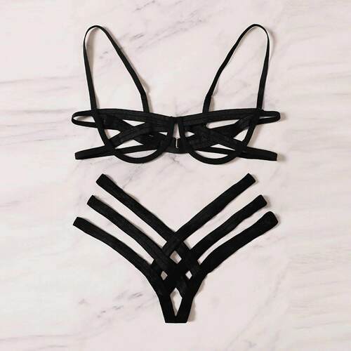 Bondage Harness Lingerie Set Womens Elastic Hollow Out Bra S