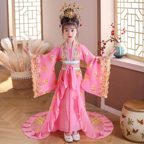 新品儿童女唐童贵妃拖尾风古装汉服装演出服汉唐皇主后装宫廷公裙