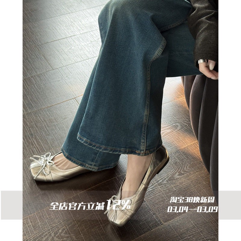 FairyWink 月落少女~!方头蝴蝶结芭蕾鞋女内增高银色玛丽珍单鞋