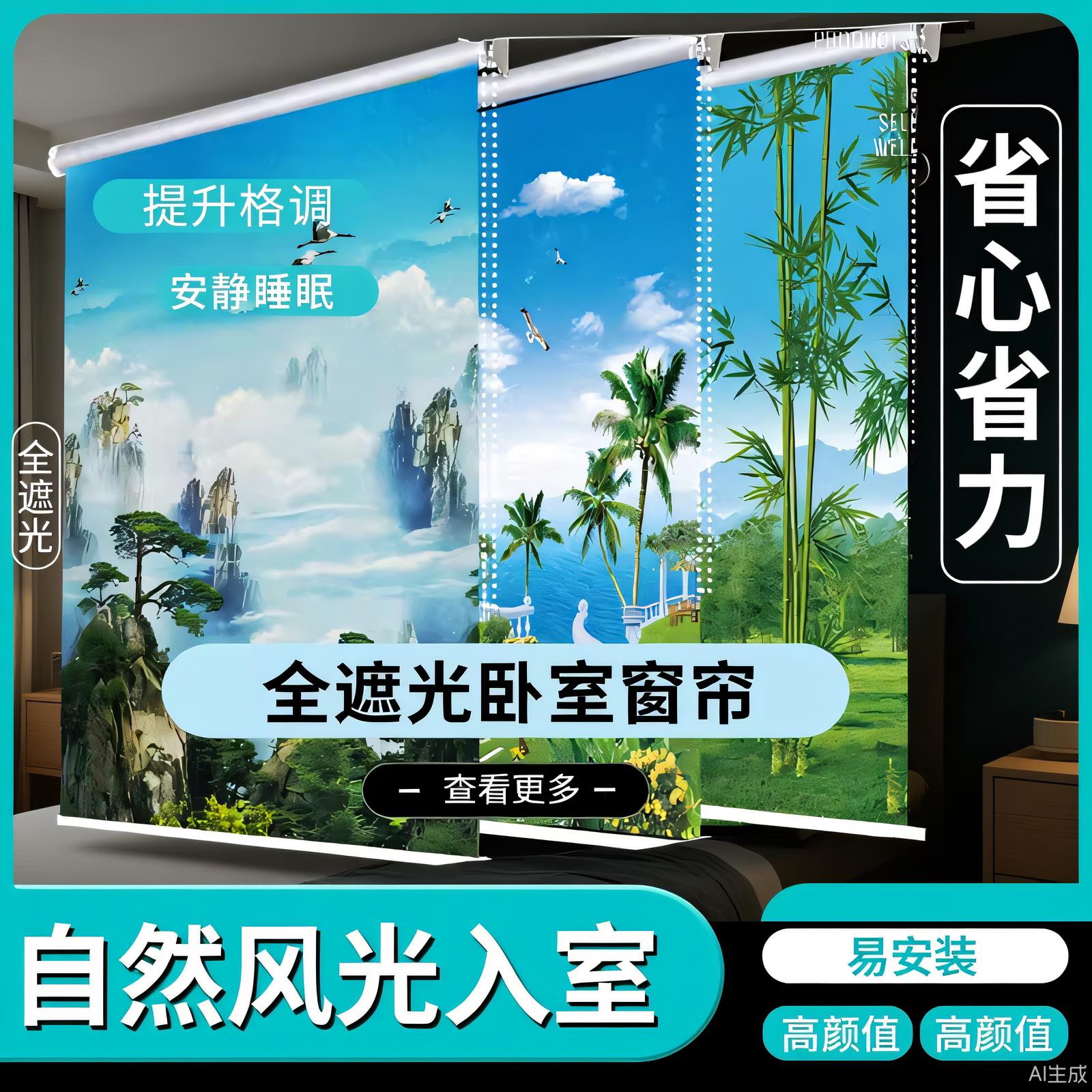 窗帘手拉升降卷帘卧室客厅阳台卫生间厨房全遮光山水风景防水门帘