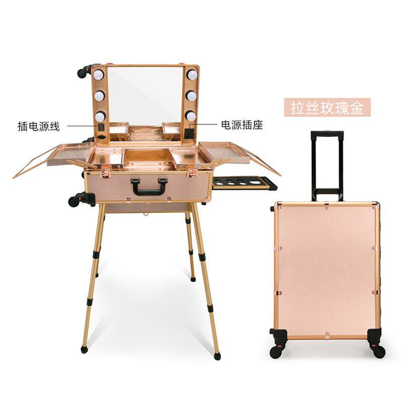 新款直销带灯带镜子铝合金专业跟妆箱拉杆化妆箱万向轮LED美发美