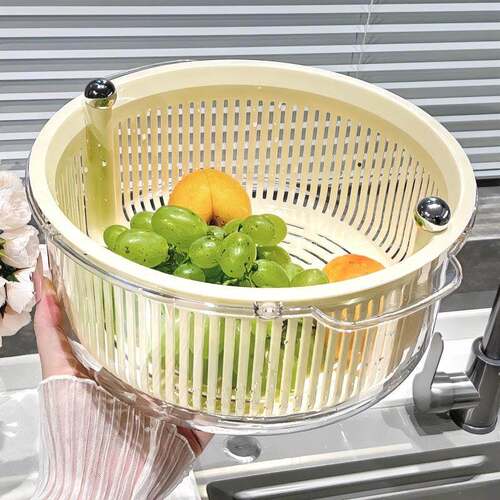 Dual-layer rotating vegetable washing and draining basket fo