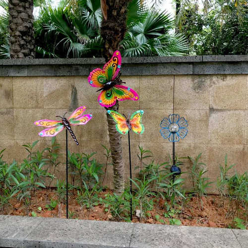风动蝴蝶花朵小挂件地插太阳能发光烟花灯铁艺车户外风车花园庭院