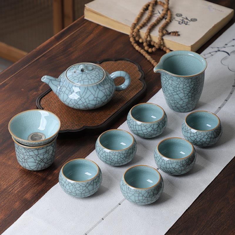 陶瓷茶具龙泉青瓷10头柳叶壶套装哥窑冰裂纹茶壶公道杯品茗杯礼盒