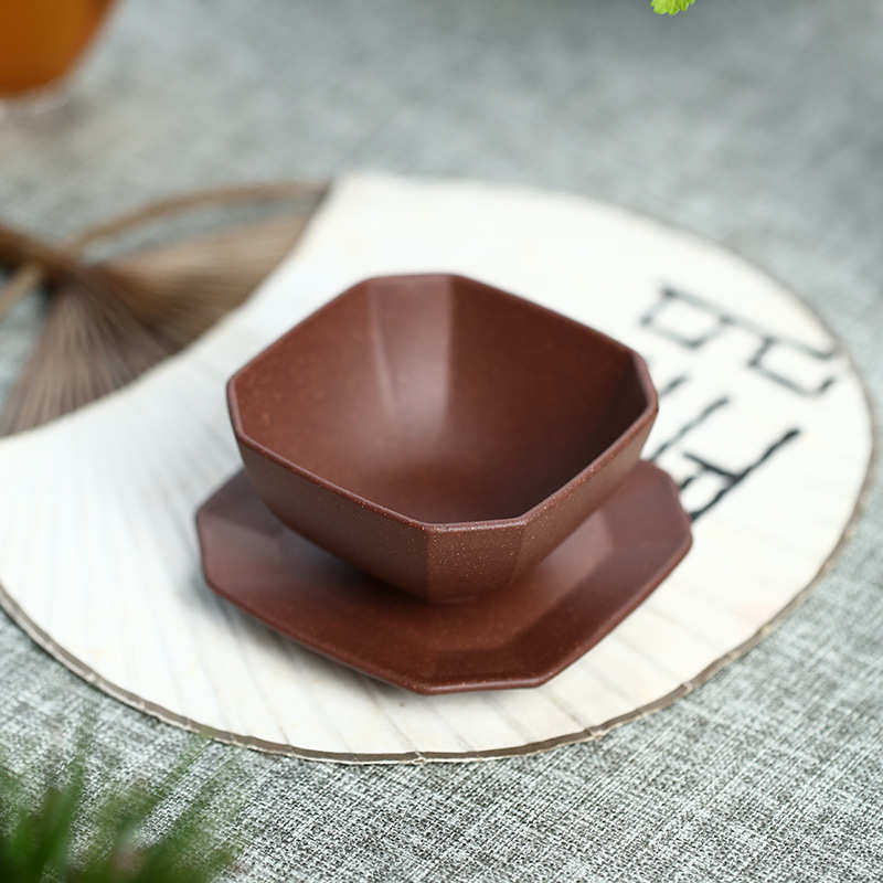 紫砂杯品茶杯原矿紫泥抽角四方茶杯垫套装含杯碟茶具批发