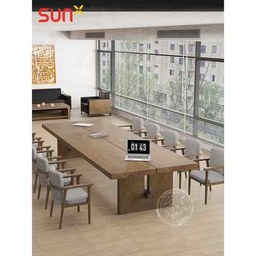 美式实木会议桌长桌简约大板办公桌椅组合条形谈判长桌工作台