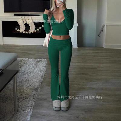 Women 2 pieces Lounge Sets Long Sleeve V Neck Tops Fold Over