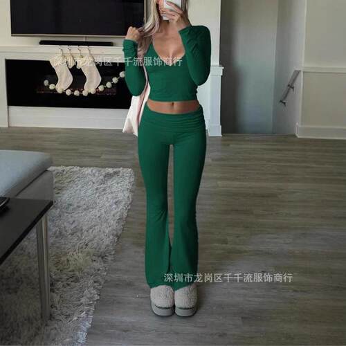 Slim-Fit Crop Top & Pants Two-Piece Set Solid Color V-Neck