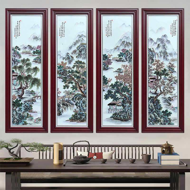 手绘瓷板画景德镇陶瓷大厅挂画壁画中式玄关客厅墙上装饰画四条屏