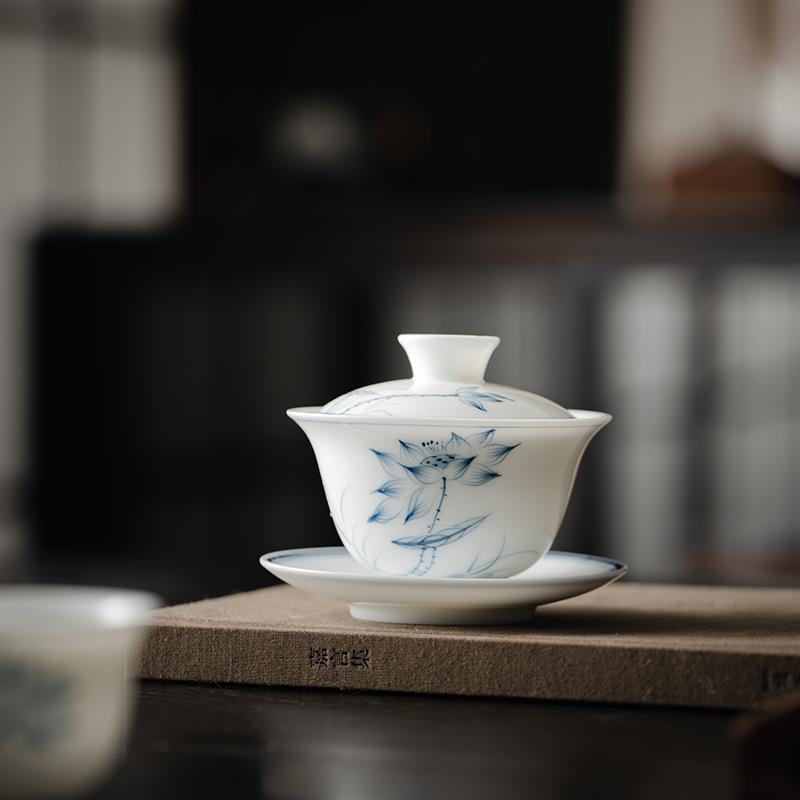 九品手绘三才盖碗茶杯单个陶瓷泡茶碗不烫手功夫茶具白瓷敬茶碗单
