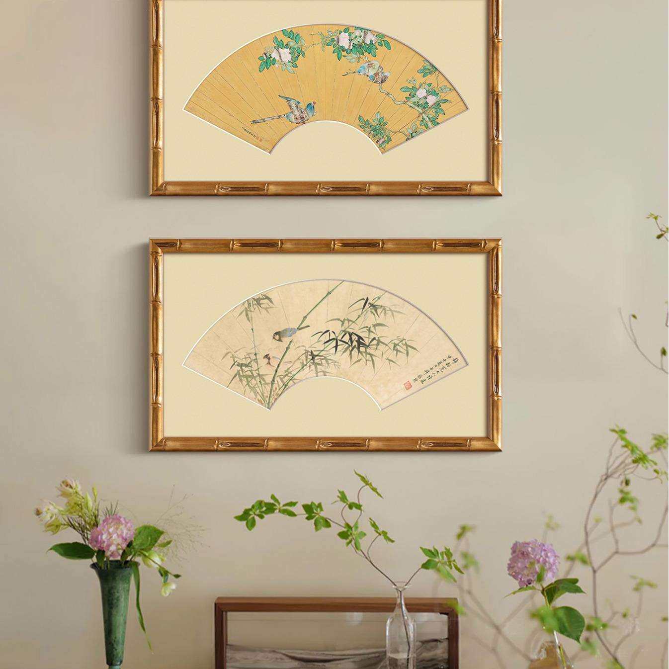 法式实木卡纸中国风客厅装饰画扇形中式复古餐厅挂画中古山水A334
