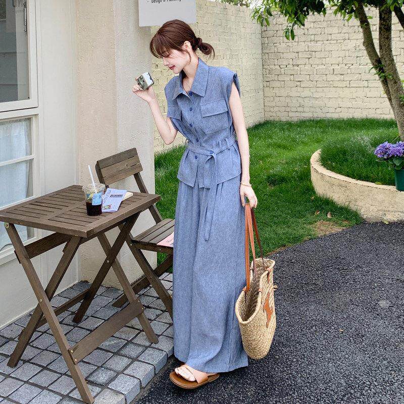 LILY MOST蓝色无袖衬衫马甲阔腿裤两件套女夏新款气质显瘦套装潮