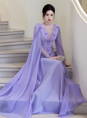 紫色古筝演奏演出服女2026新款新中式民族声乐艺考独唱表演晚礼服