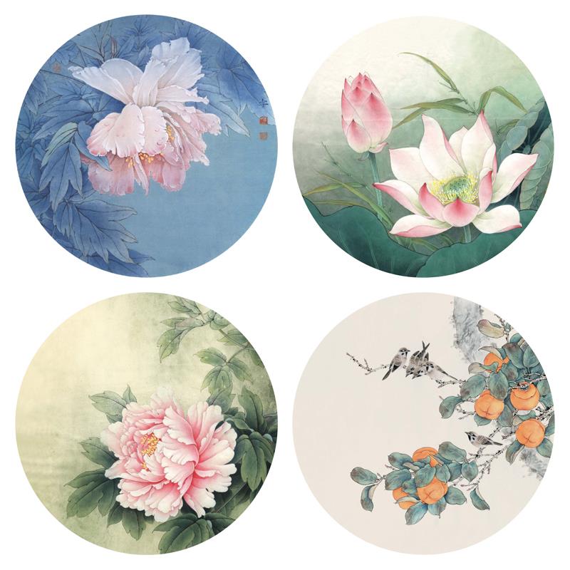 工笔画圆形荷花牡丹小品团扇4幅初学者稿白描底稿勾线实物稿YY29
