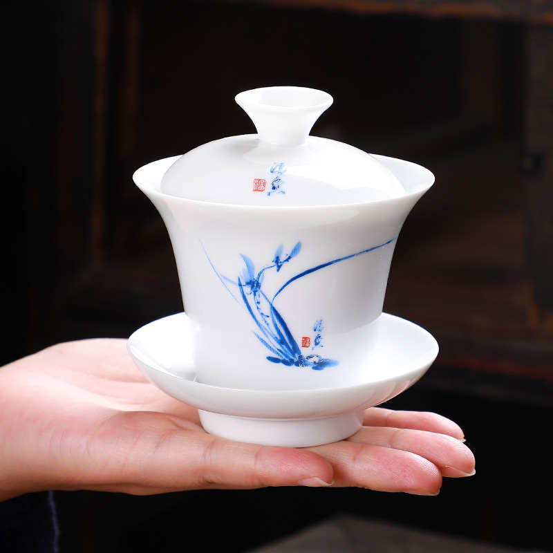 岩山 德化陶瓷大号白瓷三才盖碗 仿手绘敬茶碗茶杯功夫茶具泡茶碗
