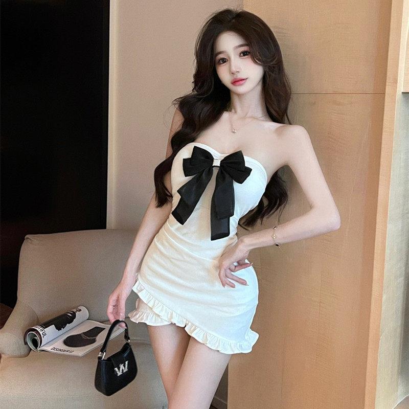 春夏法式性感露肩蝴蝶结辣妹抹胸连衣裙女不规则荷叶边包臀短裙子