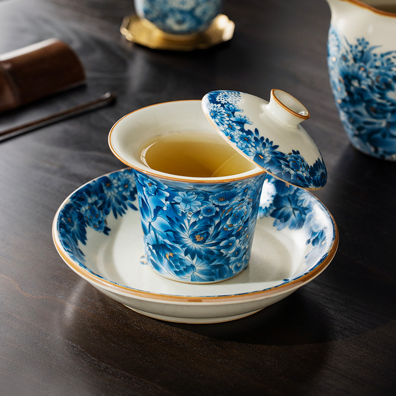 汝窑金万花旋转悬停三才盖碗茶杯家用防烫带盖泡茶碗高档功夫茶具