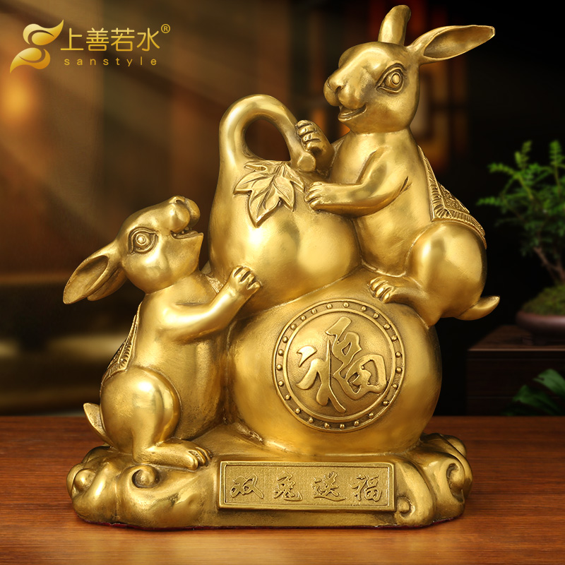 铜兔子摆件 招财家居客厅装饰新年吉祥物发财兔公司年会工艺礼品