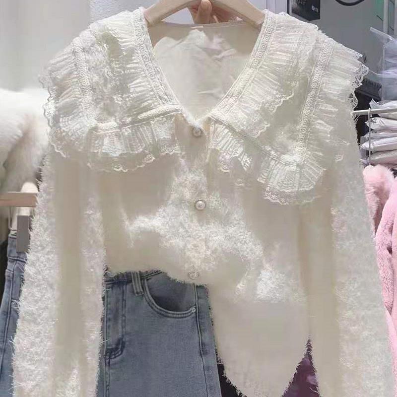 极速衬衫女设计感小众欧洲2026早春新款法式温柔蕾丝娃娃领衬衣女