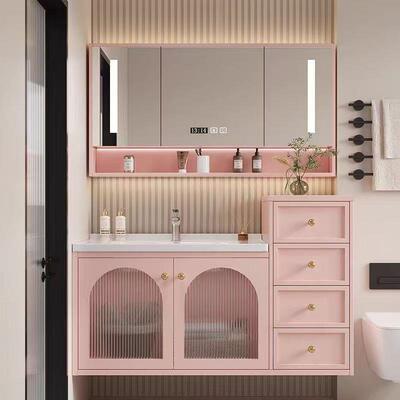 法式奶油风橡木浴室柜组合岩板无缝陶瓷一体盆卫生间洗漱洗脸盆柜