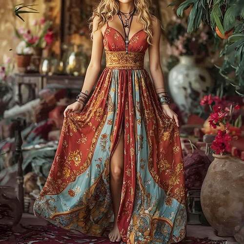 2026 New Autumn Court Print High Slit Maxi Dress | Bohemian