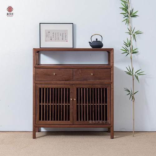 新中式北美黑胡桃木餐边柜茶水柜实木储物柜茶柜禅意玄关柜多功能