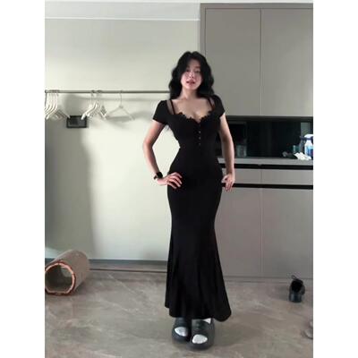 性感纯欲黑色蕾丝短袖洋装女夏季御姐风气质修身包臀鱼尾长裙子