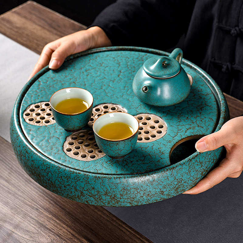 玛瑙绿莲蓬茶盘干泡盘家用陶瓷大号储水式茶台创意功夫茶海茶托盘