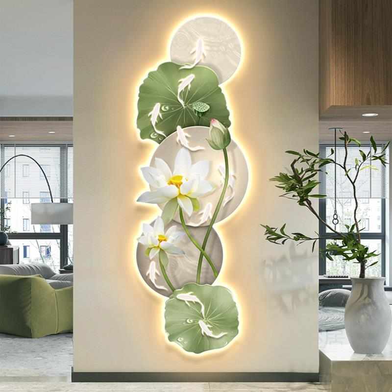 九鱼荷花图现代轻奢发光客厅装饰画led灯画沙发背景墙玄关挂壁画图片