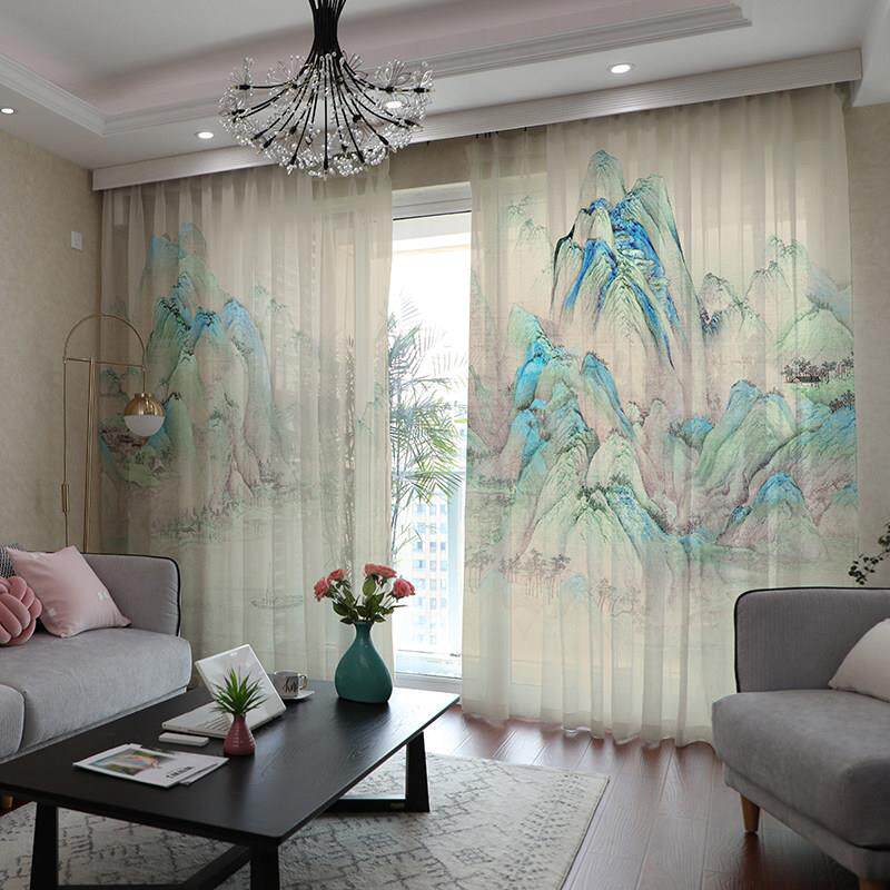 2025新中国风古董窗帘客厅新中国风古典中国风水墨山水画纱帘